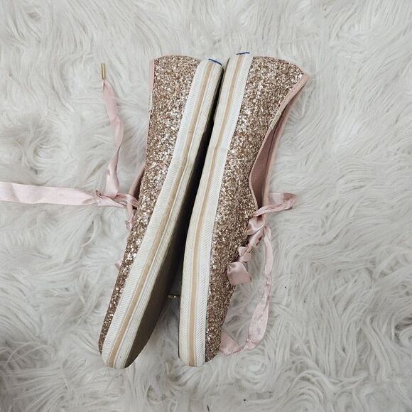 Keds X Kate Spade Champion Rose Gold Pink Glitter Ribbon Lace Flat Sneaker Sz 7 - Picture 4 of 7